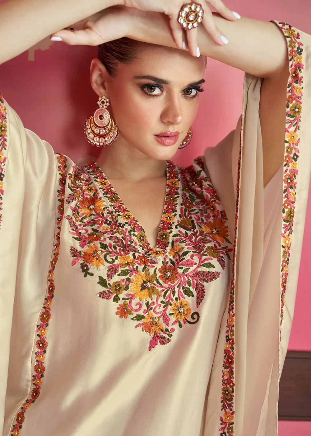 Cream Beige Silk Satin Kaftan Style Chinon Pant Style Suit