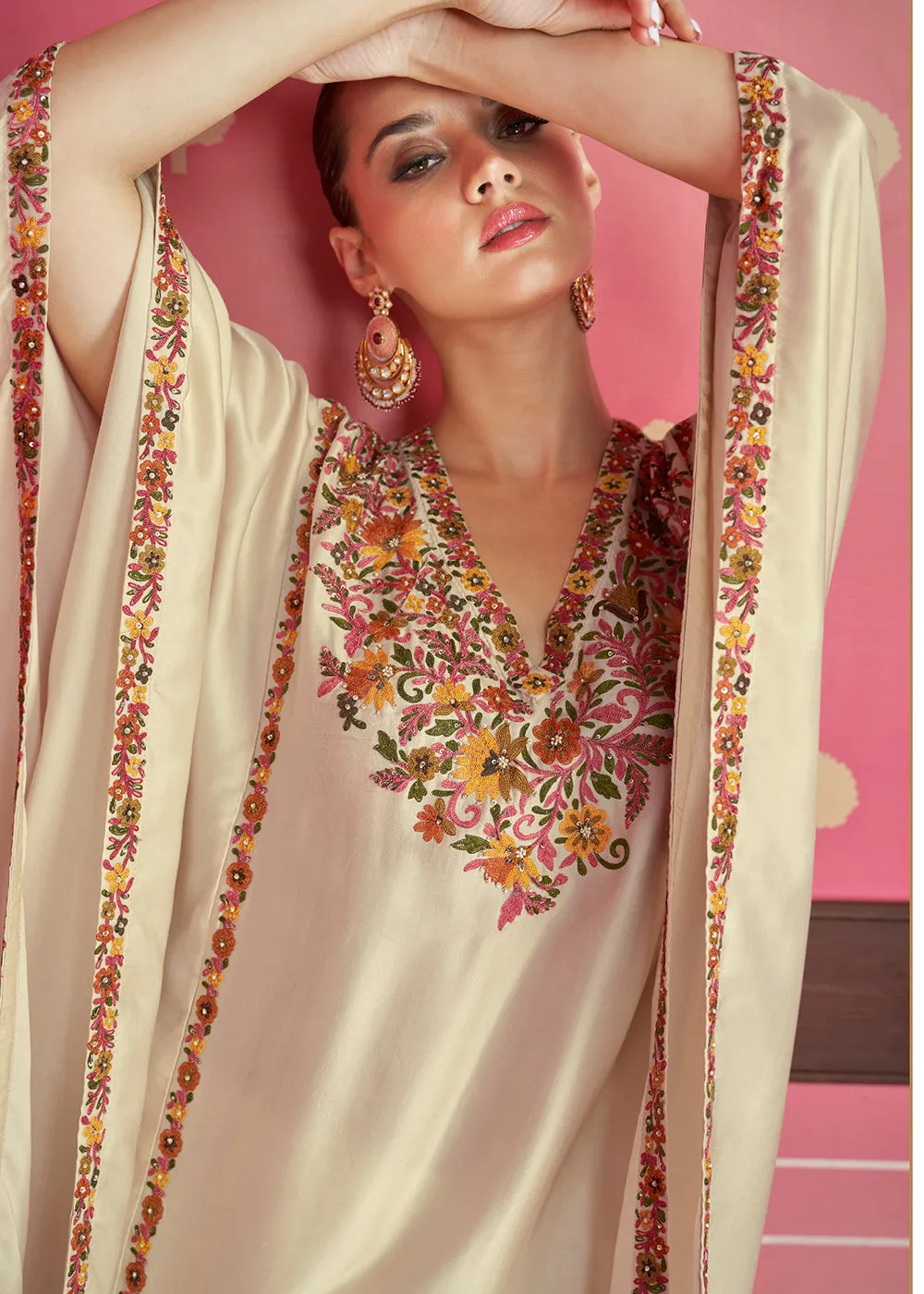 Cream Beige Silk Satin Kaftan Style Chinon Pant Style Suit