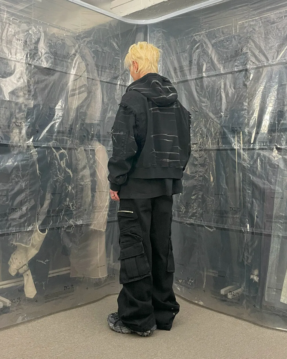 Damaged work denim hood jacket