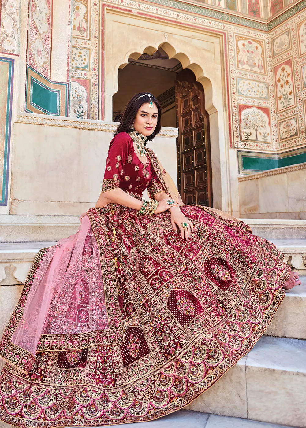 Dreamy Maroon Velvet Dori & Zarkan Work Bridal Lehenga Choli