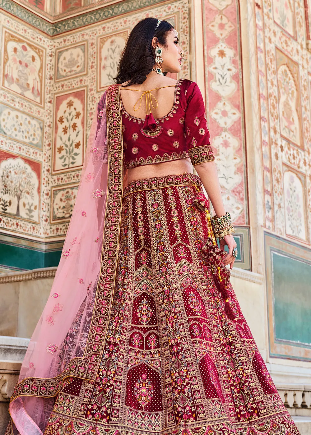 Dreamy Maroon Velvet Dori & Zarkan Work Bridal Lehenga Choli