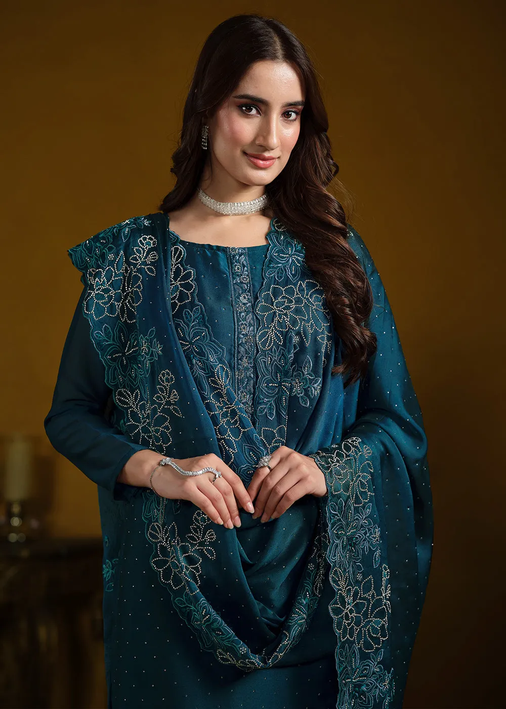 Fabulous Teal Blue Georgette Festive Pant Salwar Suit