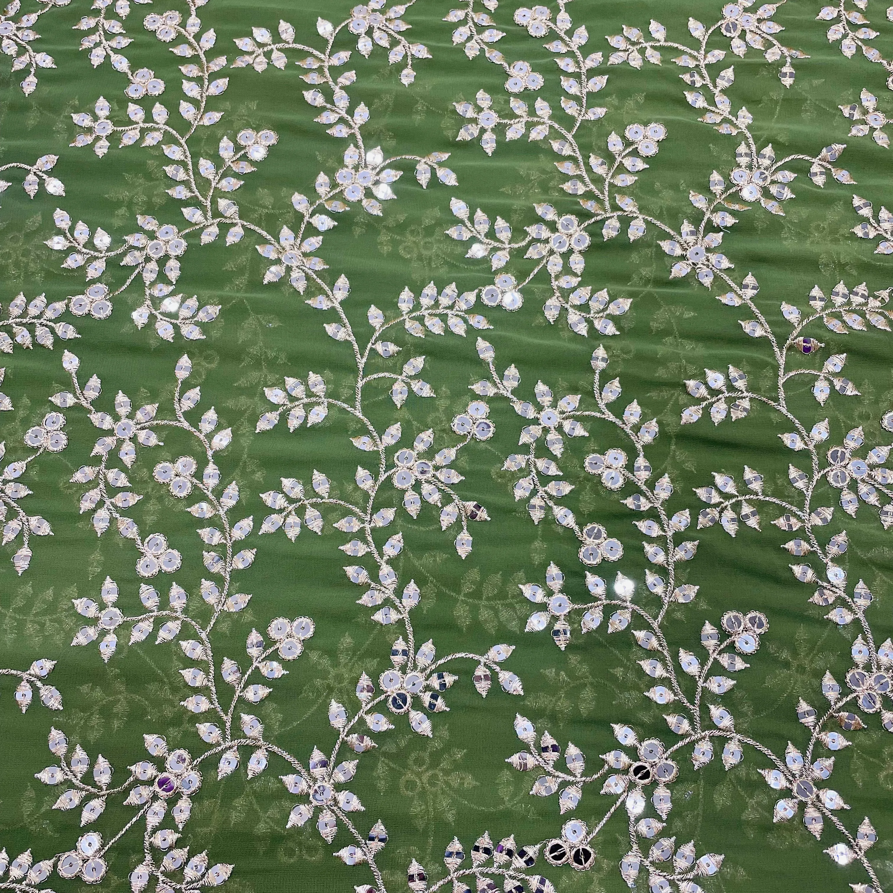Fern Green Leaf Embroidery Sequins Georgette Fabric