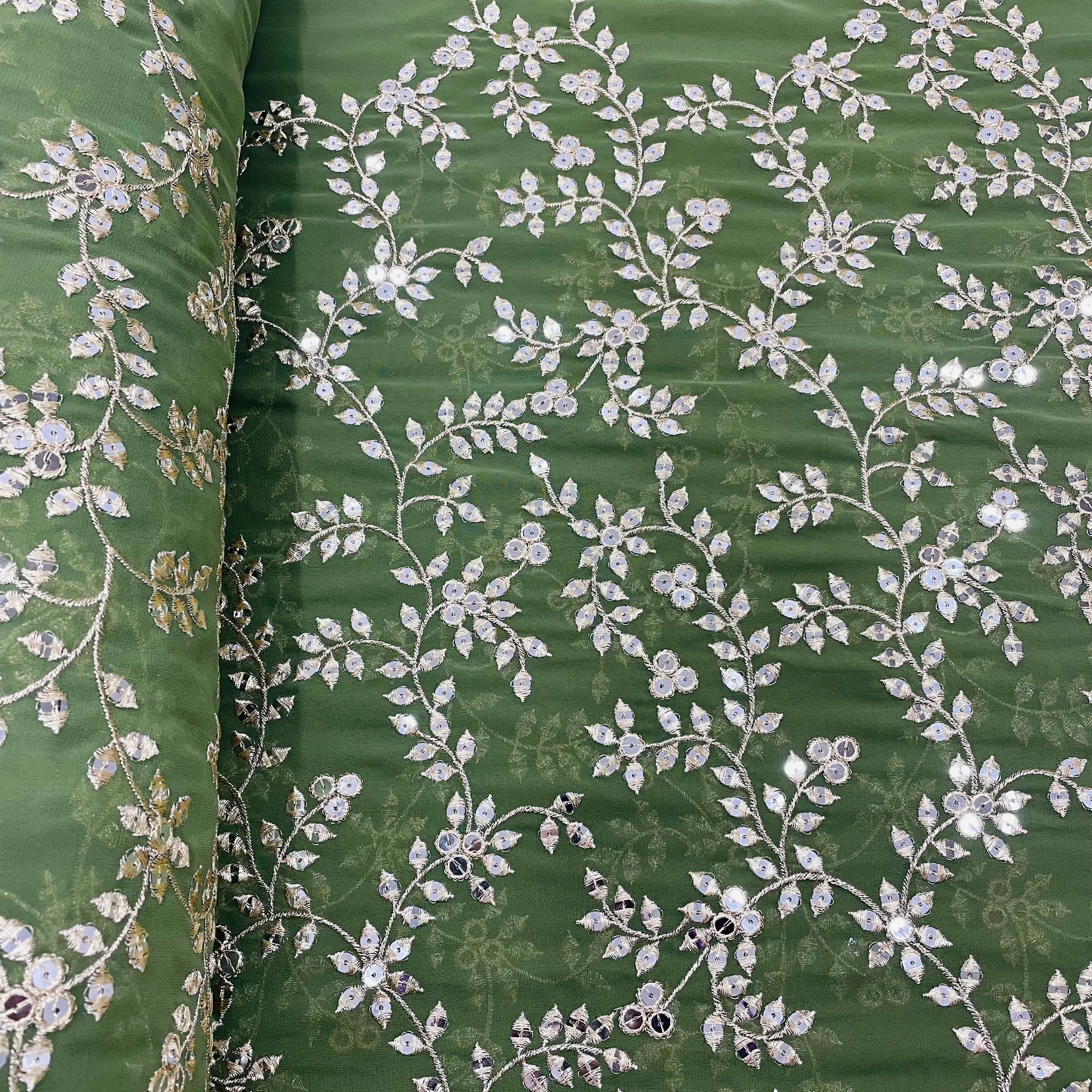 Fern Green Leaf Embroidery Sequins Georgette Fabric