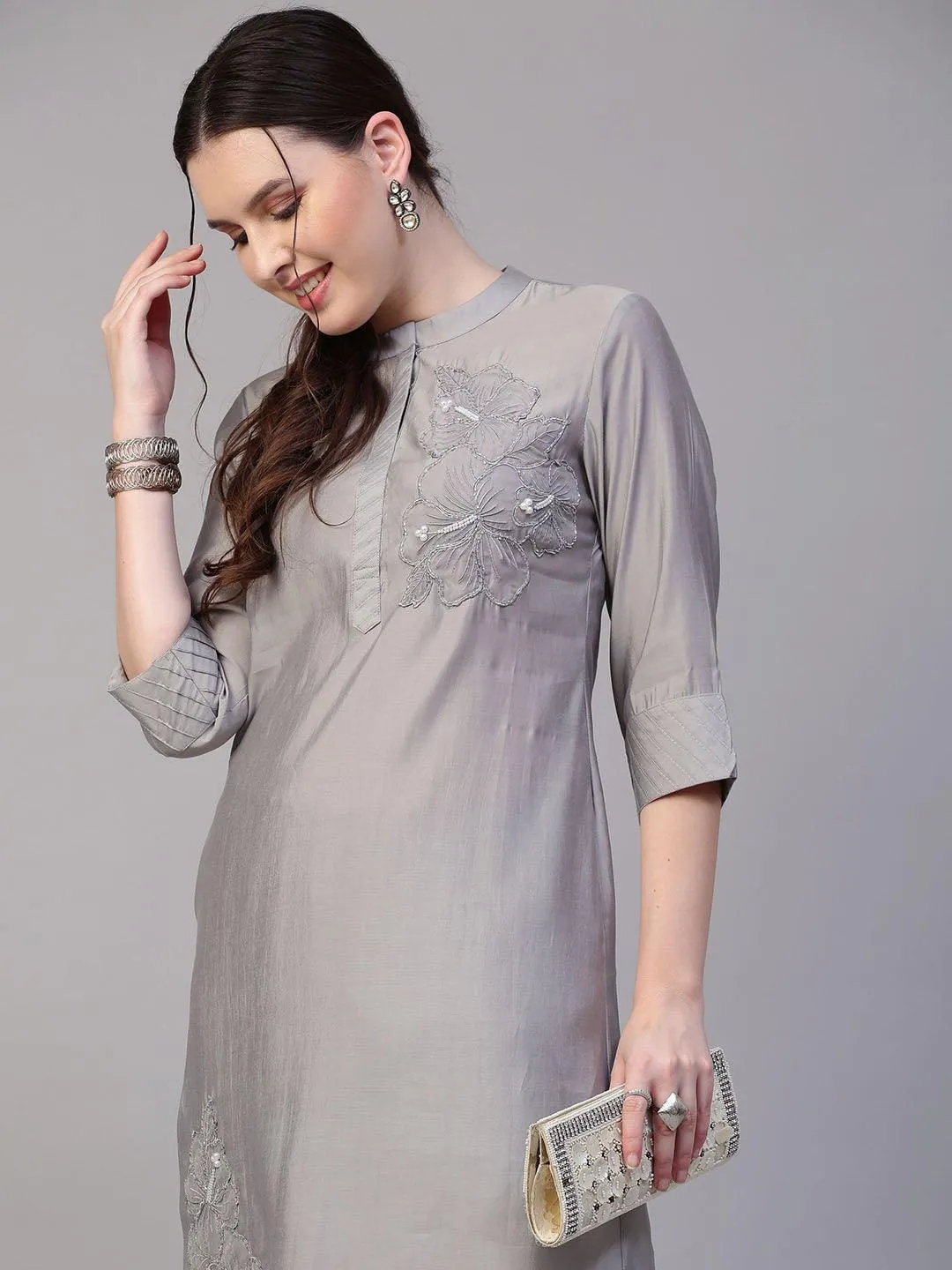 Floral Hand Embroidered Co-ords - Silver Gray