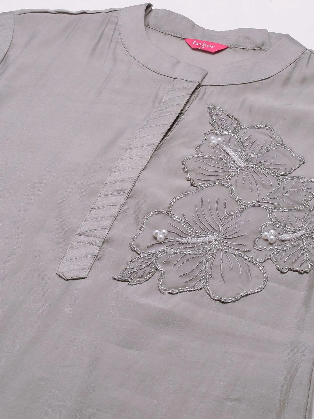 Floral Hand Embroidered Co-ords - Silver Gray