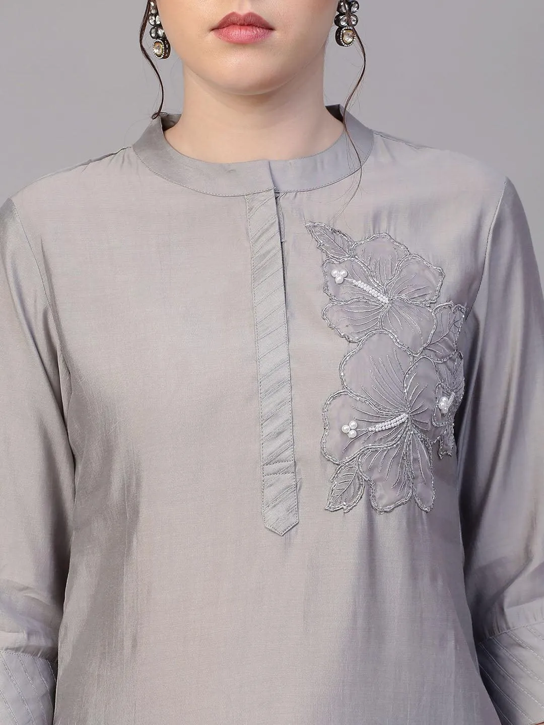 Floral Hand Embroidered Co-ords - Silver Gray
