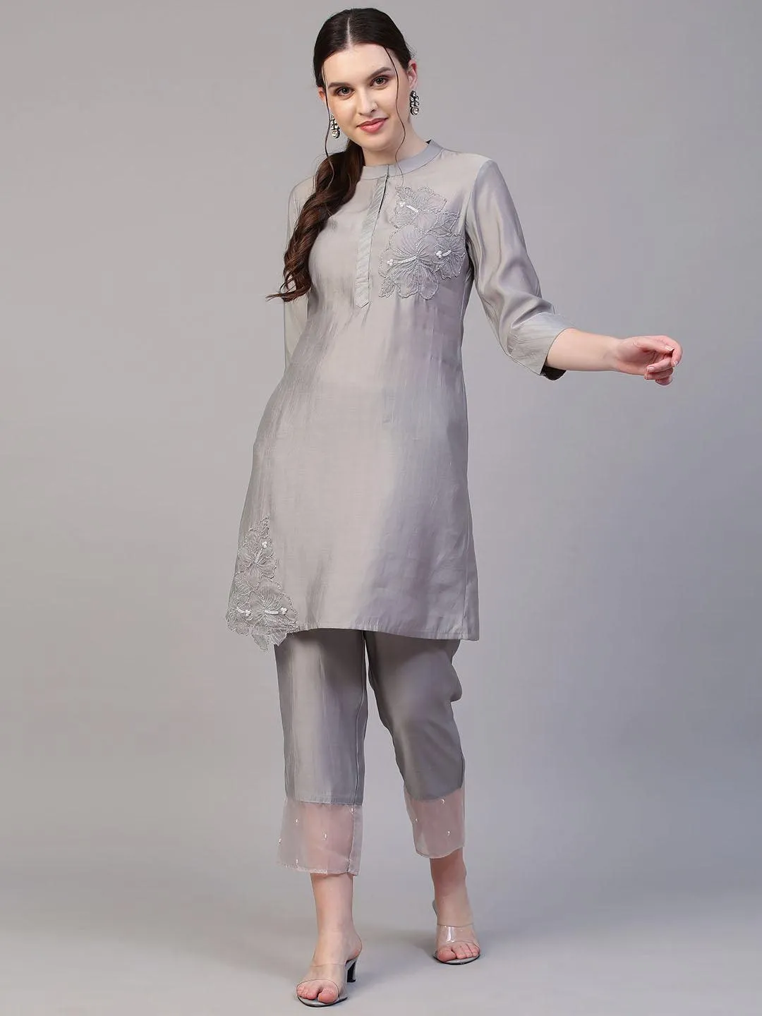 Floral Hand Embroidered Co-ords - Silver Gray
