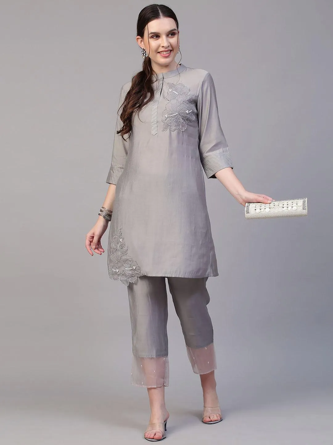 Floral Hand Embroidered Co-ords - Silver Gray