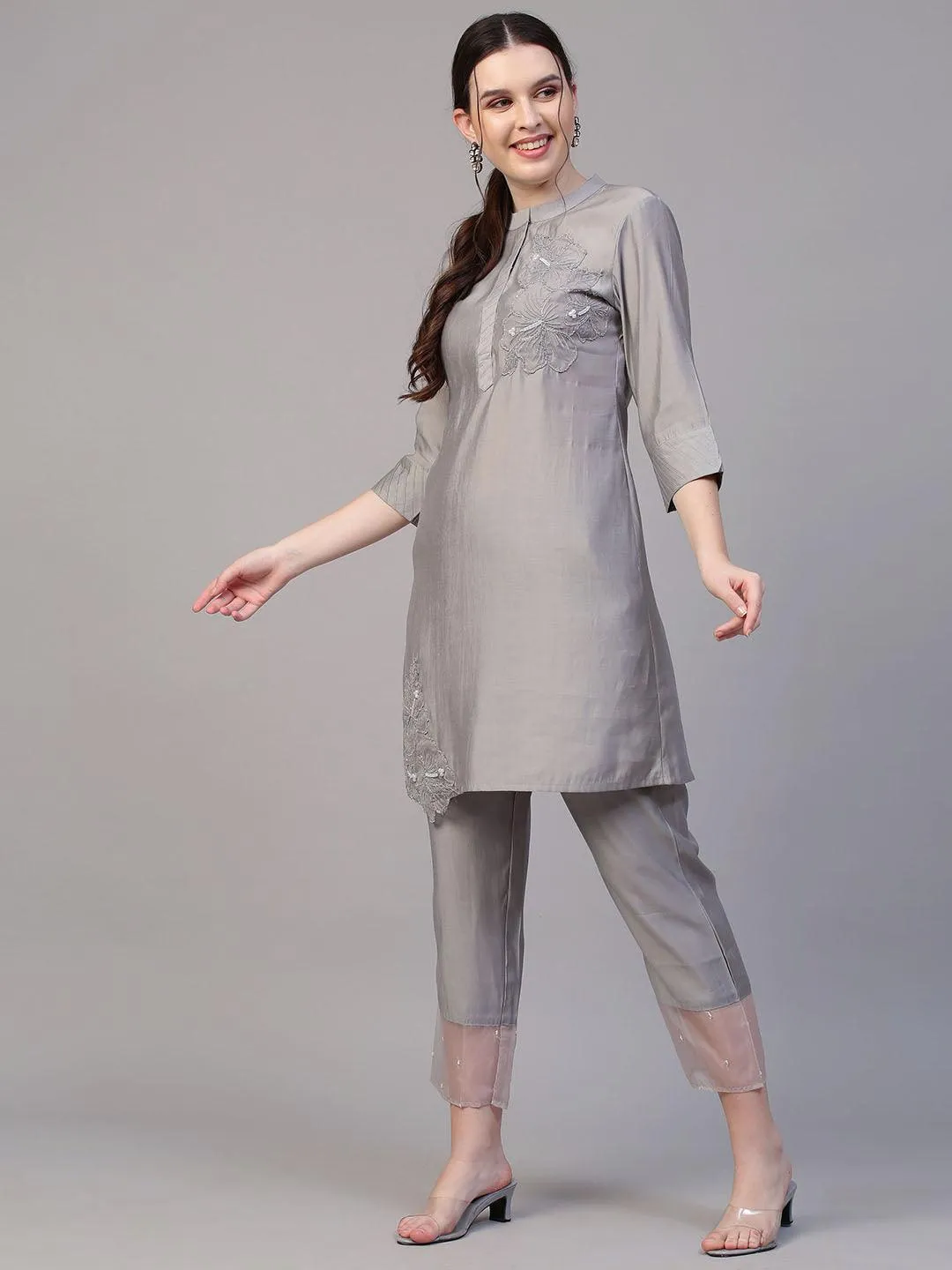 Floral Hand Embroidered Co-ords - Silver Gray