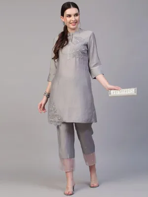Floral Hand Embroidered Co-ords - Silver Gray