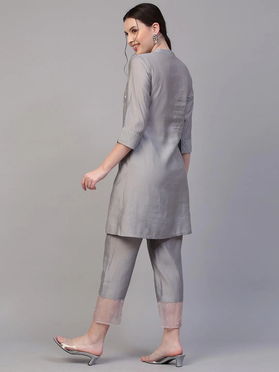 Floral Hand Embroidered Co-ords - Silver Gray
