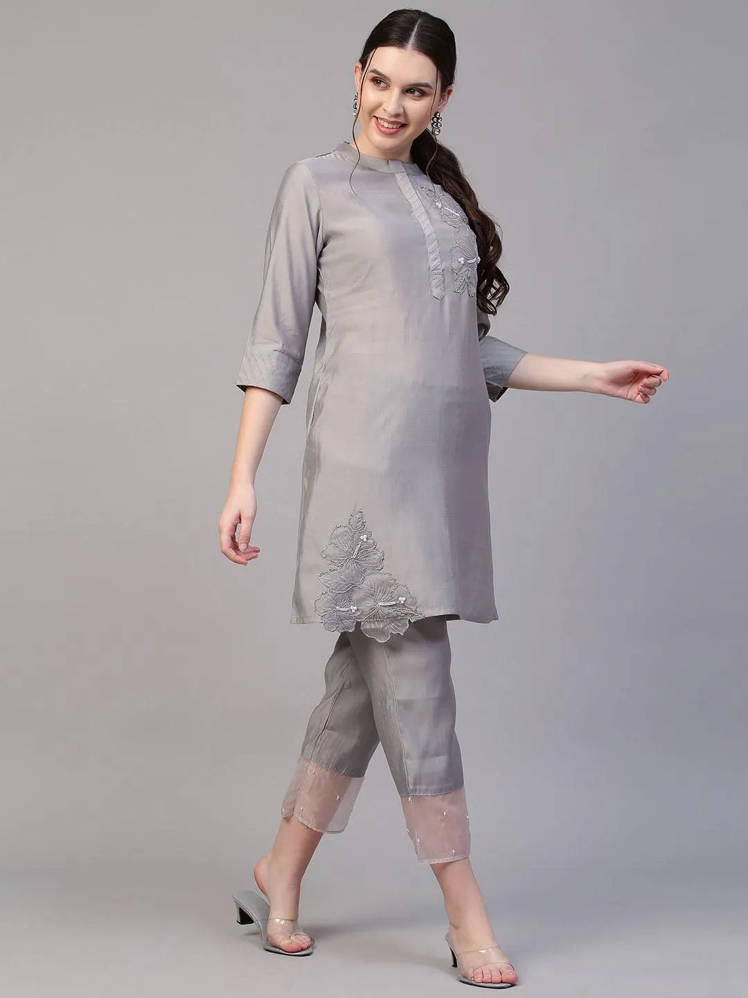 Floral Hand Embroidered Co-ords - Silver Gray