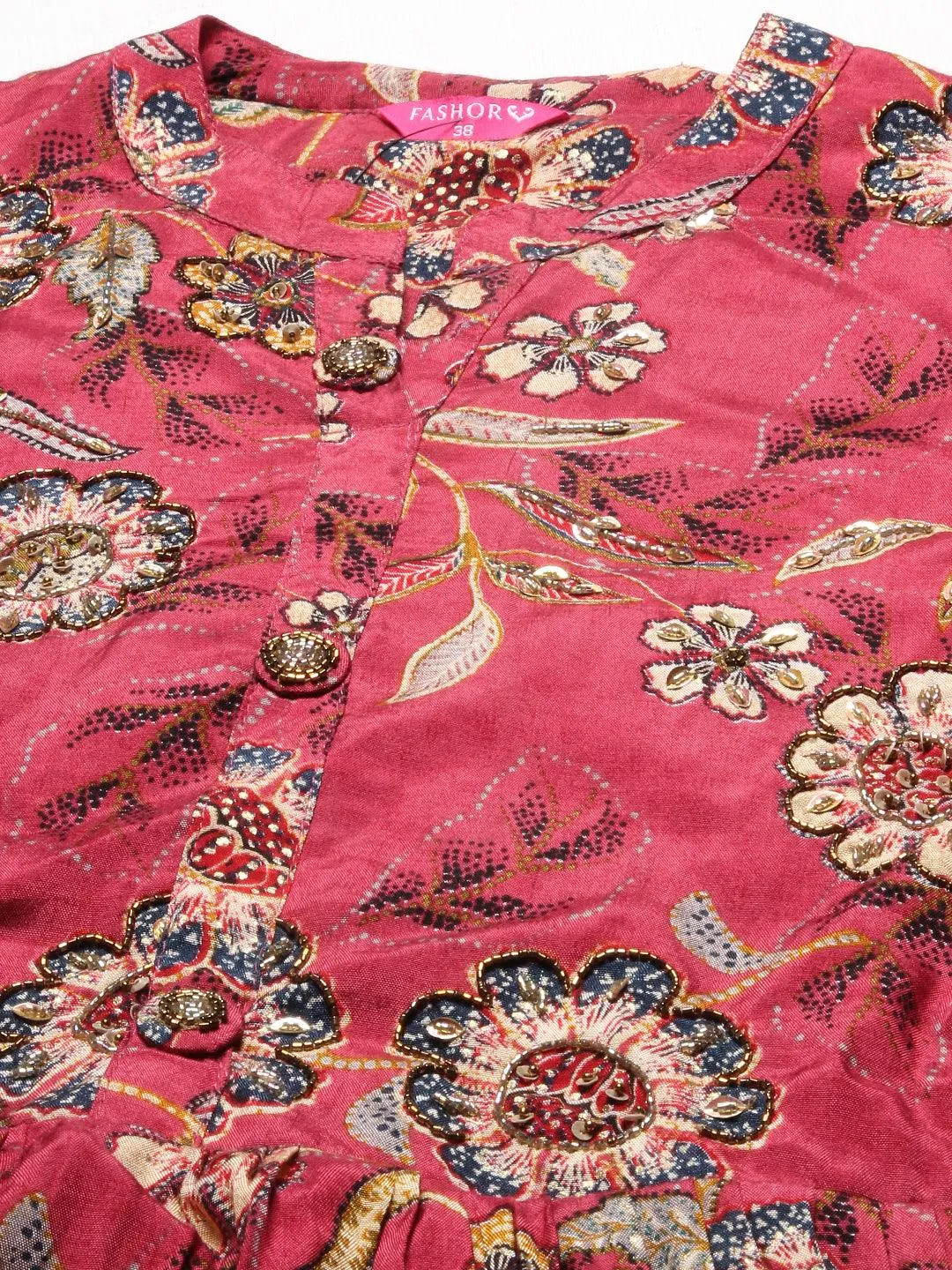 Floral Printed & Hand Embroidered Kurta with Pants & Dupatta - Dark Pink