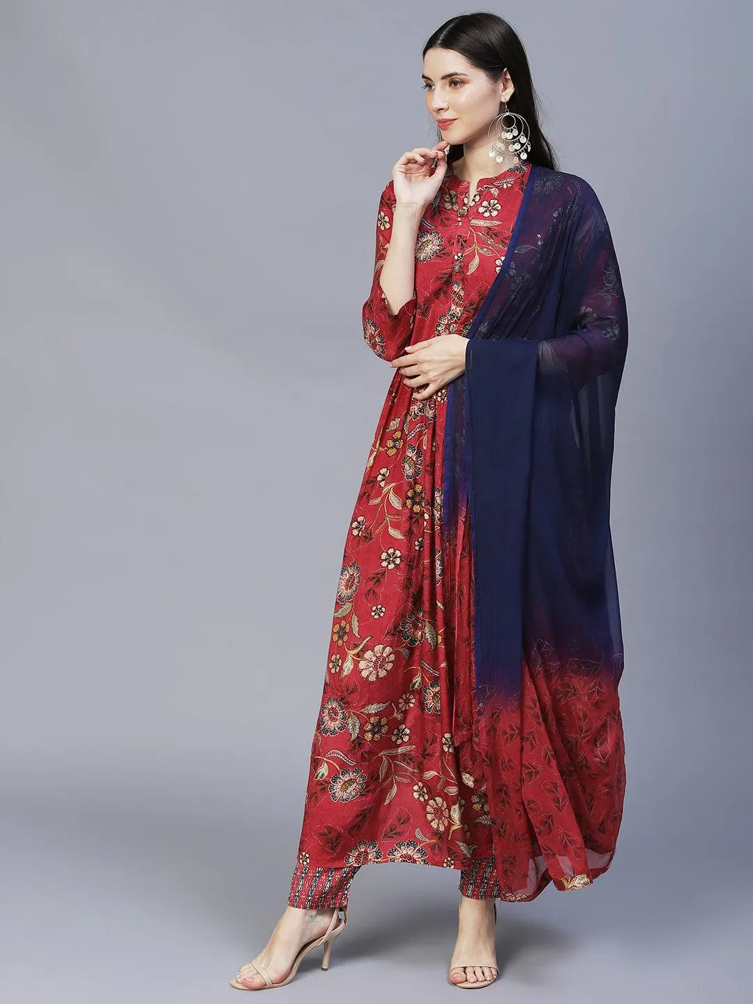 Floral Printed & Hand Embroidered Kurta with Pants & Dupatta - Dark Pink