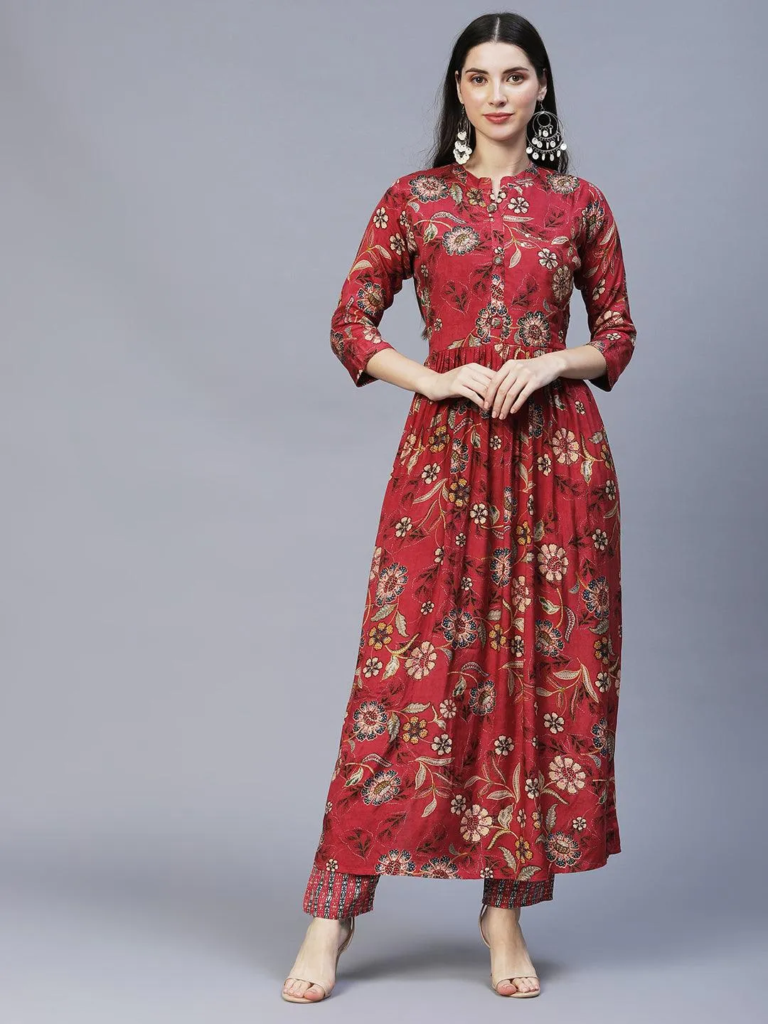 Floral Printed & Hand Embroidered Kurta with Pants & Dupatta - Dark Pink