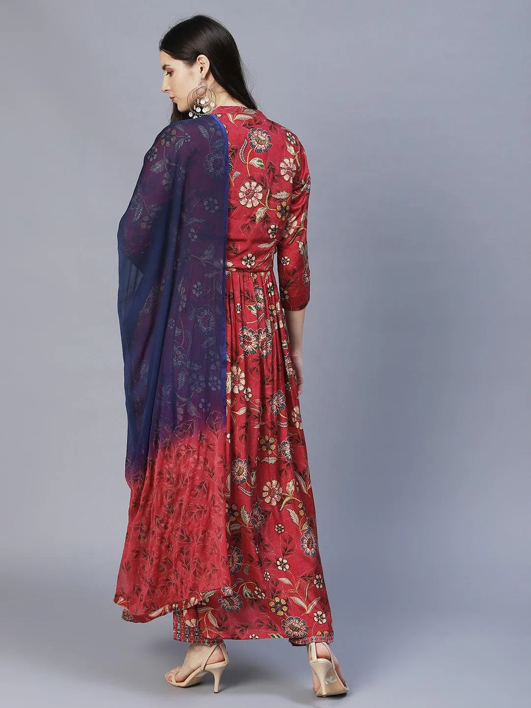 Floral Printed & Hand Embroidered Kurta with Pants & Dupatta - Dark Pink