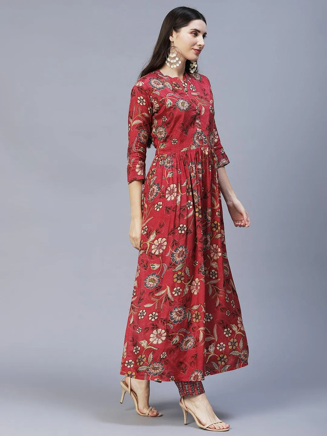 Floral Printed & Hand Embroidered Kurta with Pants & Dupatta - Dark Pink