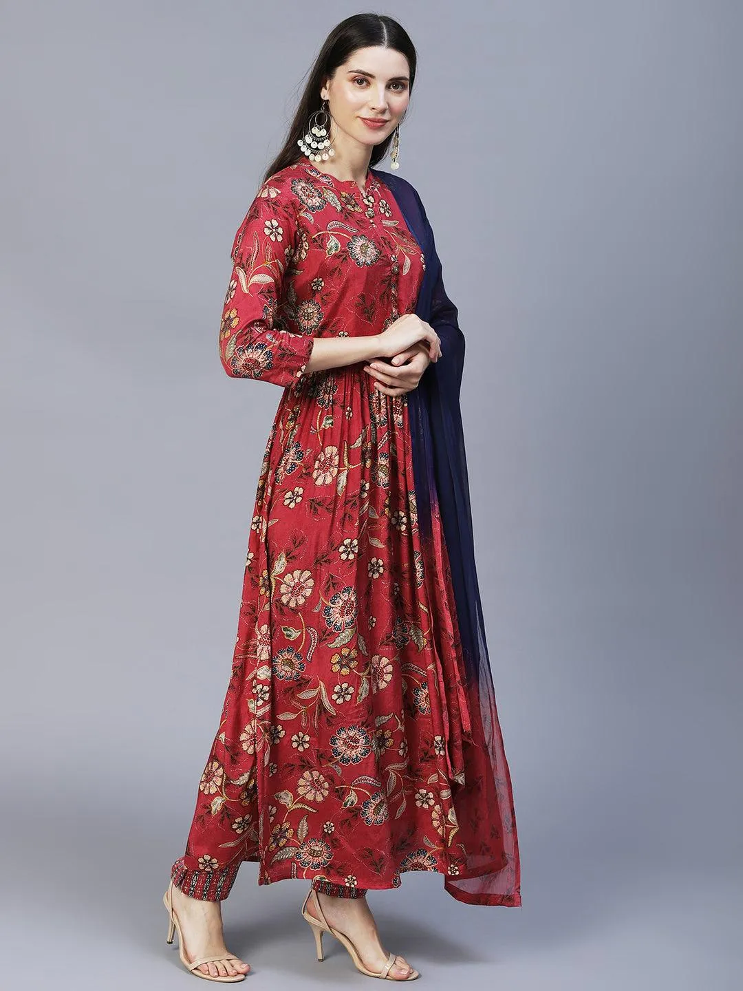 Floral Printed & Hand Embroidered Kurta with Pants & Dupatta - Dark Pink