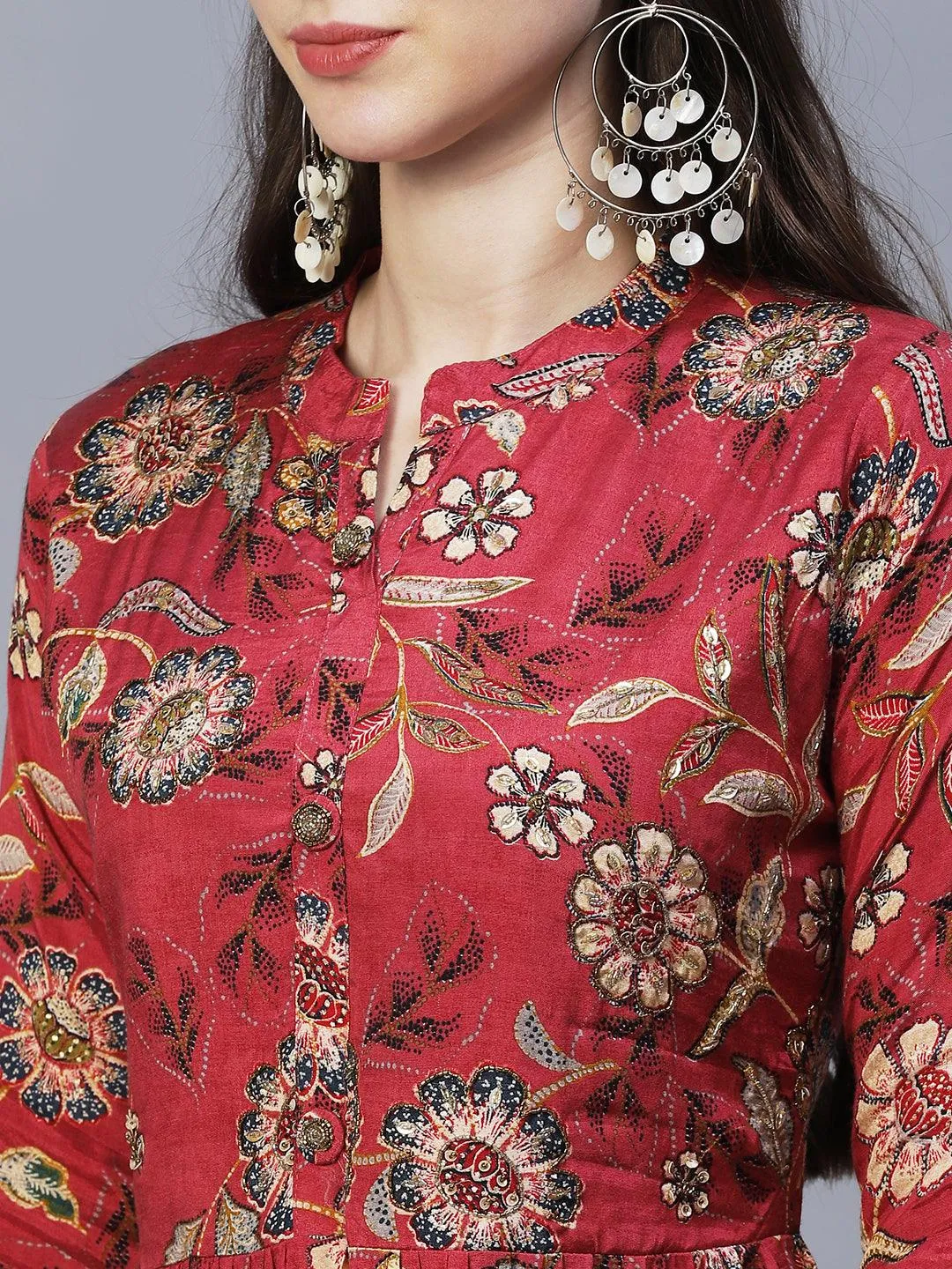 Floral Printed & Hand Embroidered Kurta with Pants & Dupatta - Dark Pink
