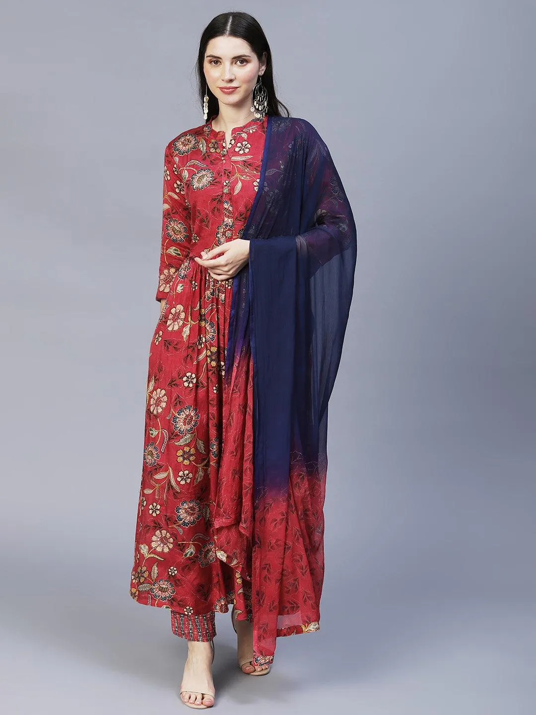 Floral Printed & Hand Embroidered Kurta with Pants & Dupatta - Dark Pink