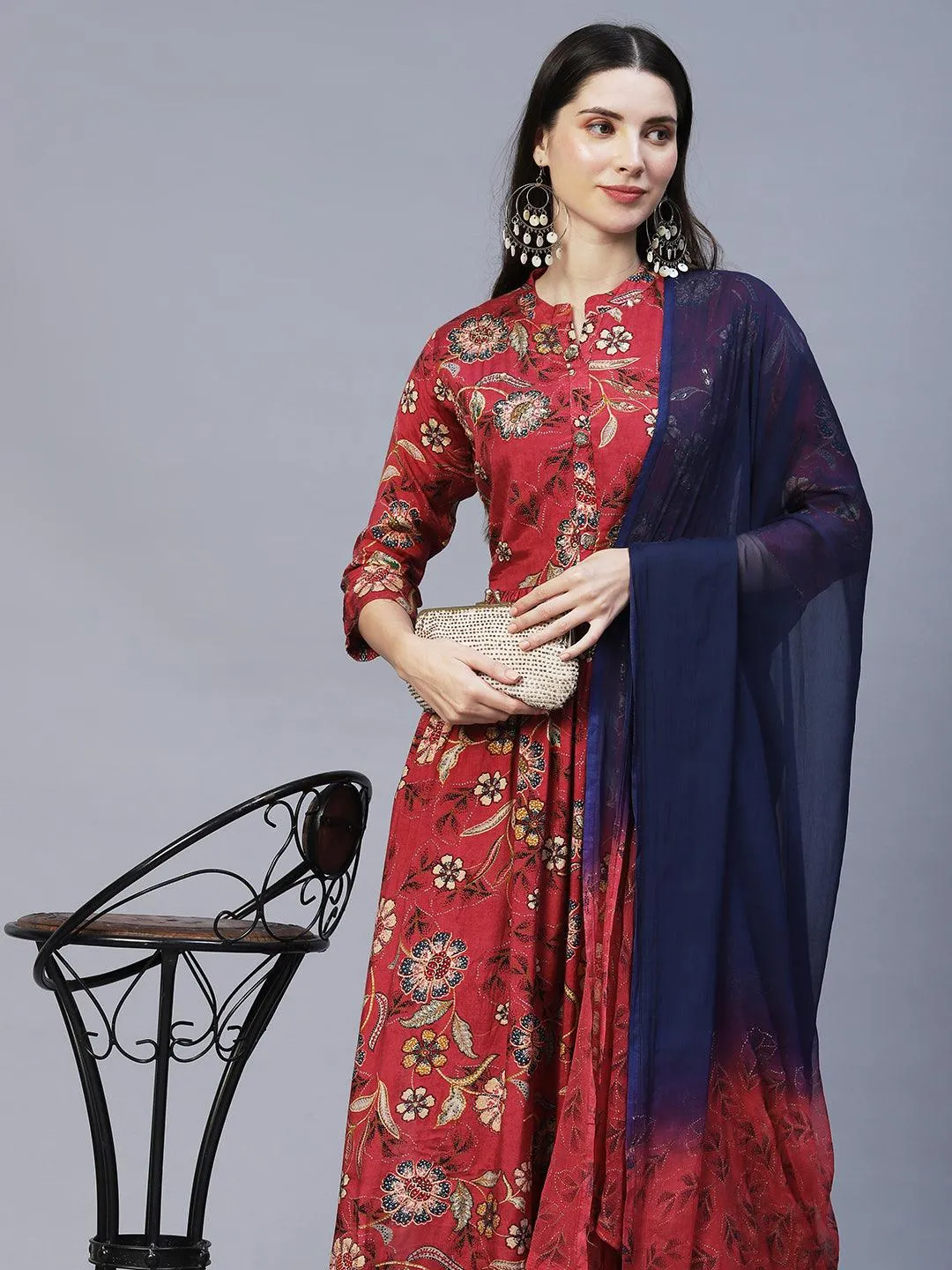 Floral Printed & Hand Embroidered Kurta with Pants & Dupatta - Dark Pink