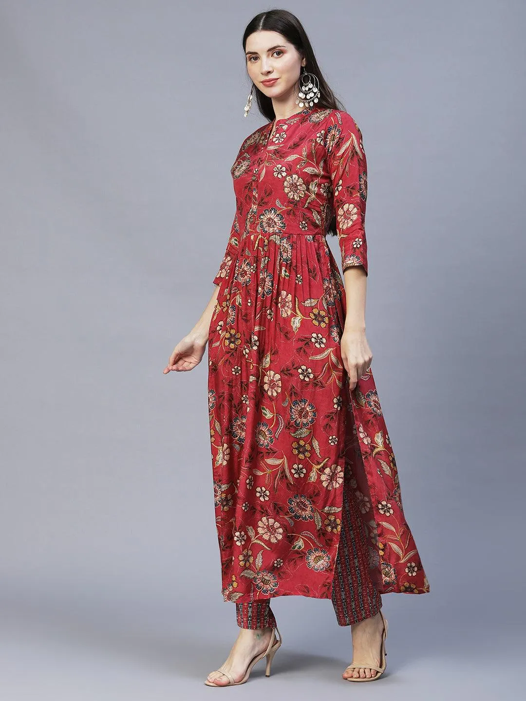 Floral Printed & Hand Embroidered Kurta with Pants & Dupatta - Dark Pink