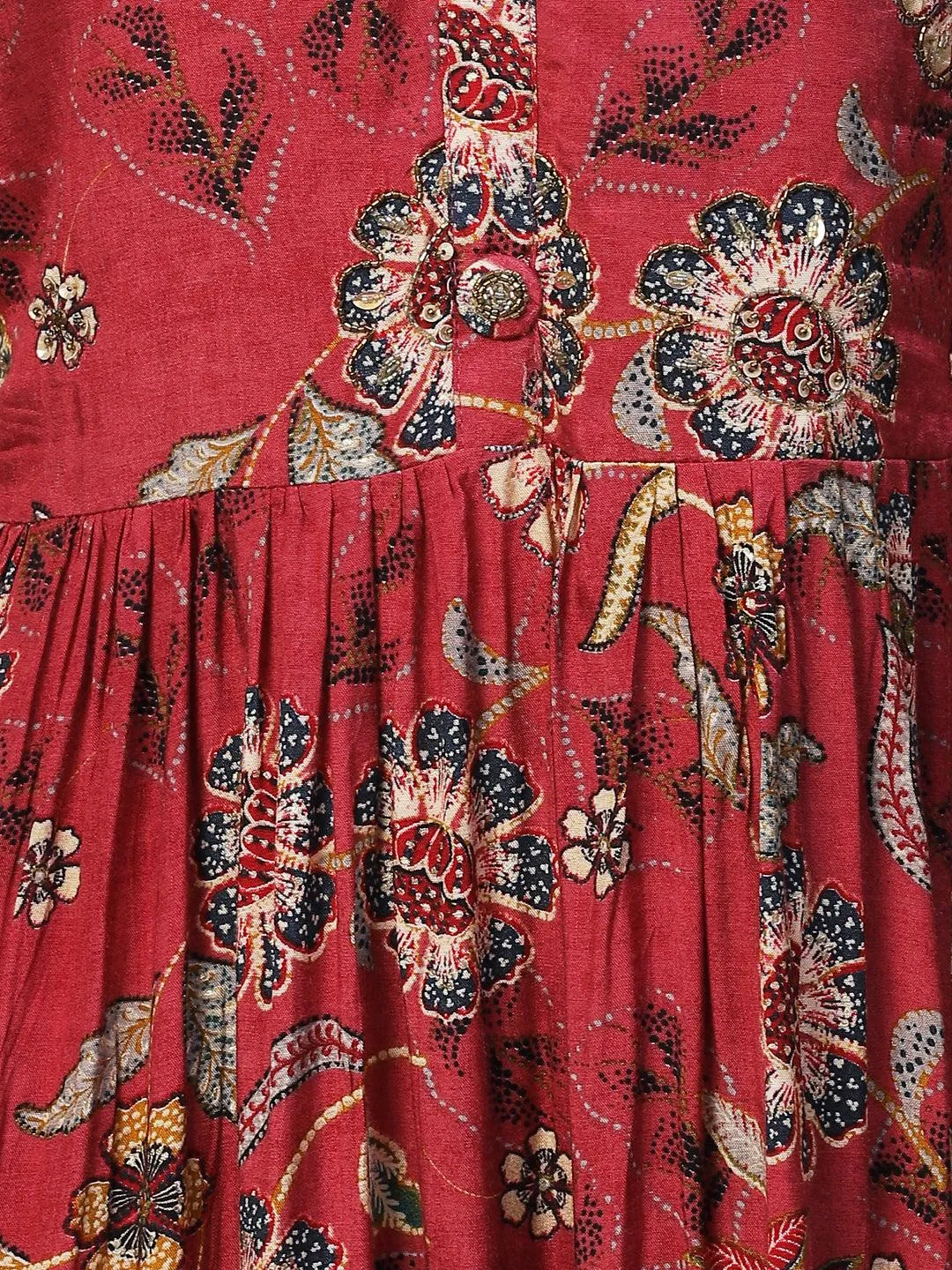 Floral Printed & Hand Embroidered Kurta with Pants & Dupatta - Dark Pink