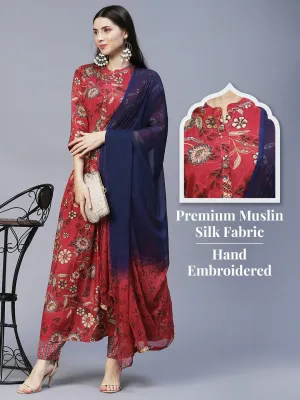 Floral Printed & Hand Embroidered Kurta with Pants & Dupatta - Dark Pink