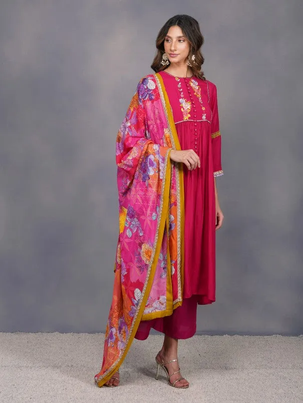 Fuschia Baroque Flower Anarkali Set With Printed Dupatta (Set of 3)