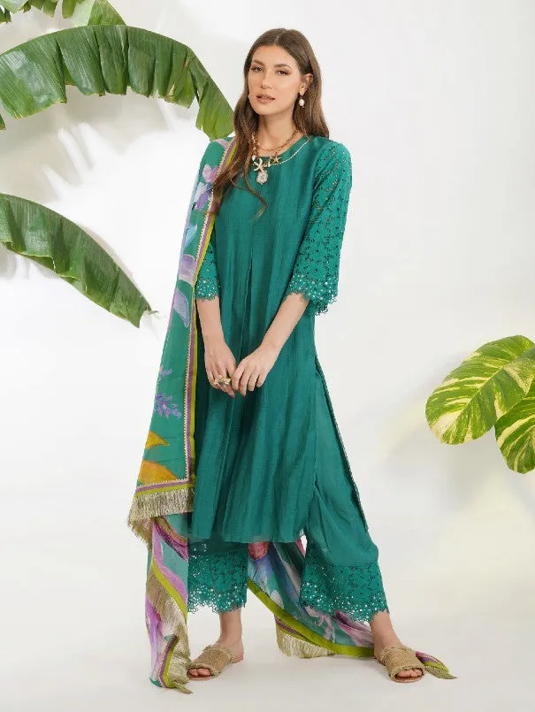 Green Broderie Anglaise Kurta Set (Set of 3)