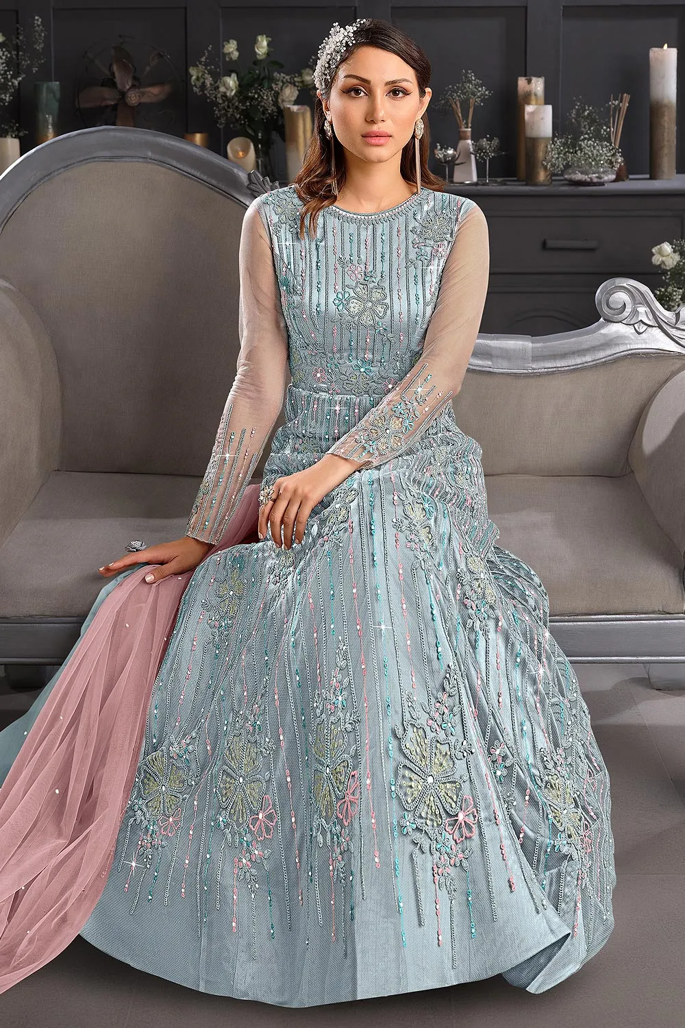 Greyish Blue Butterfly Net Wedding Anarkali Suit