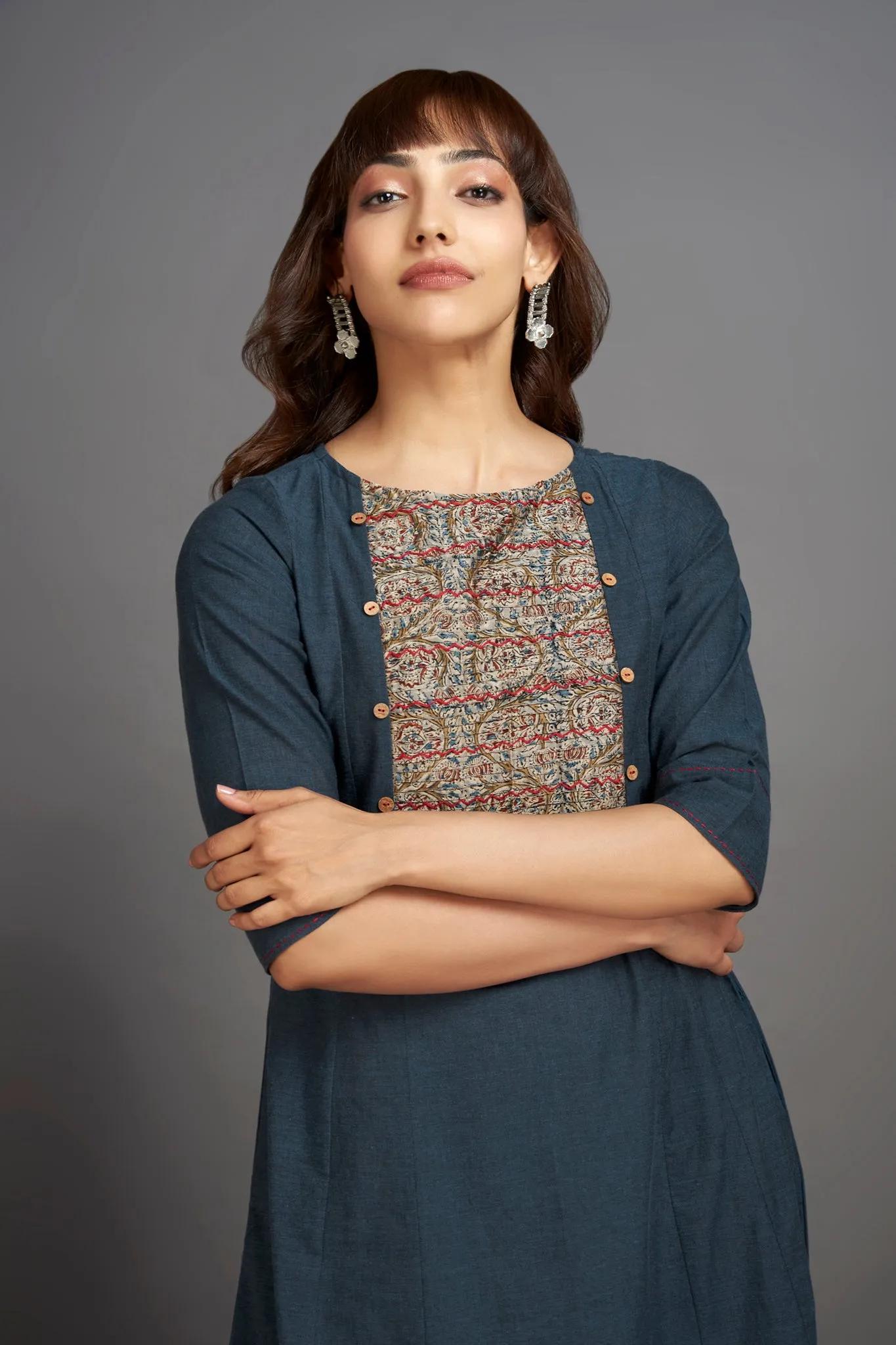 hand embroidered pintuck yoke kurta - hidden sapphire & silver shores