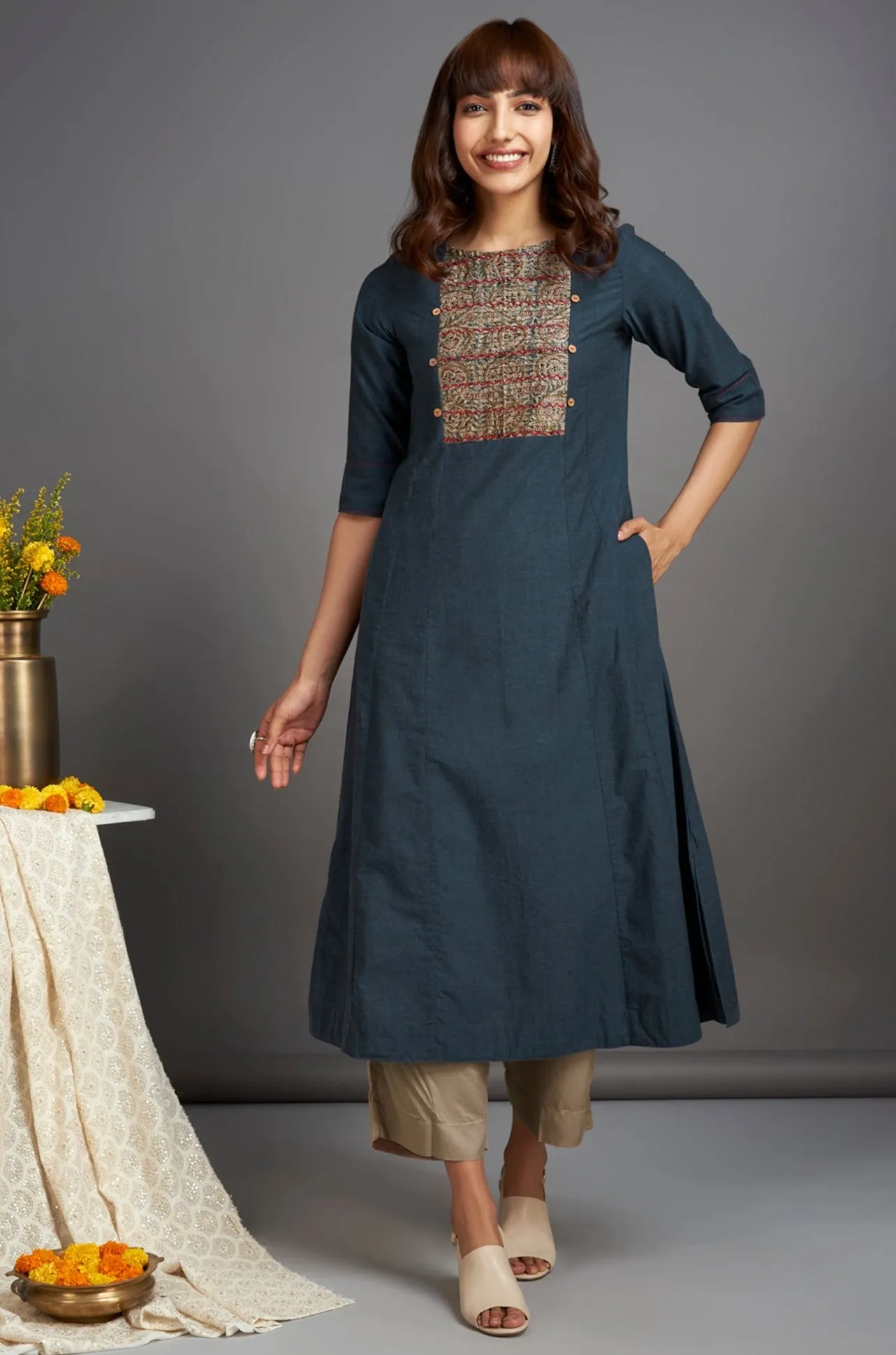 hand embroidered pintuck yoke kurta - hidden sapphire & silver shores