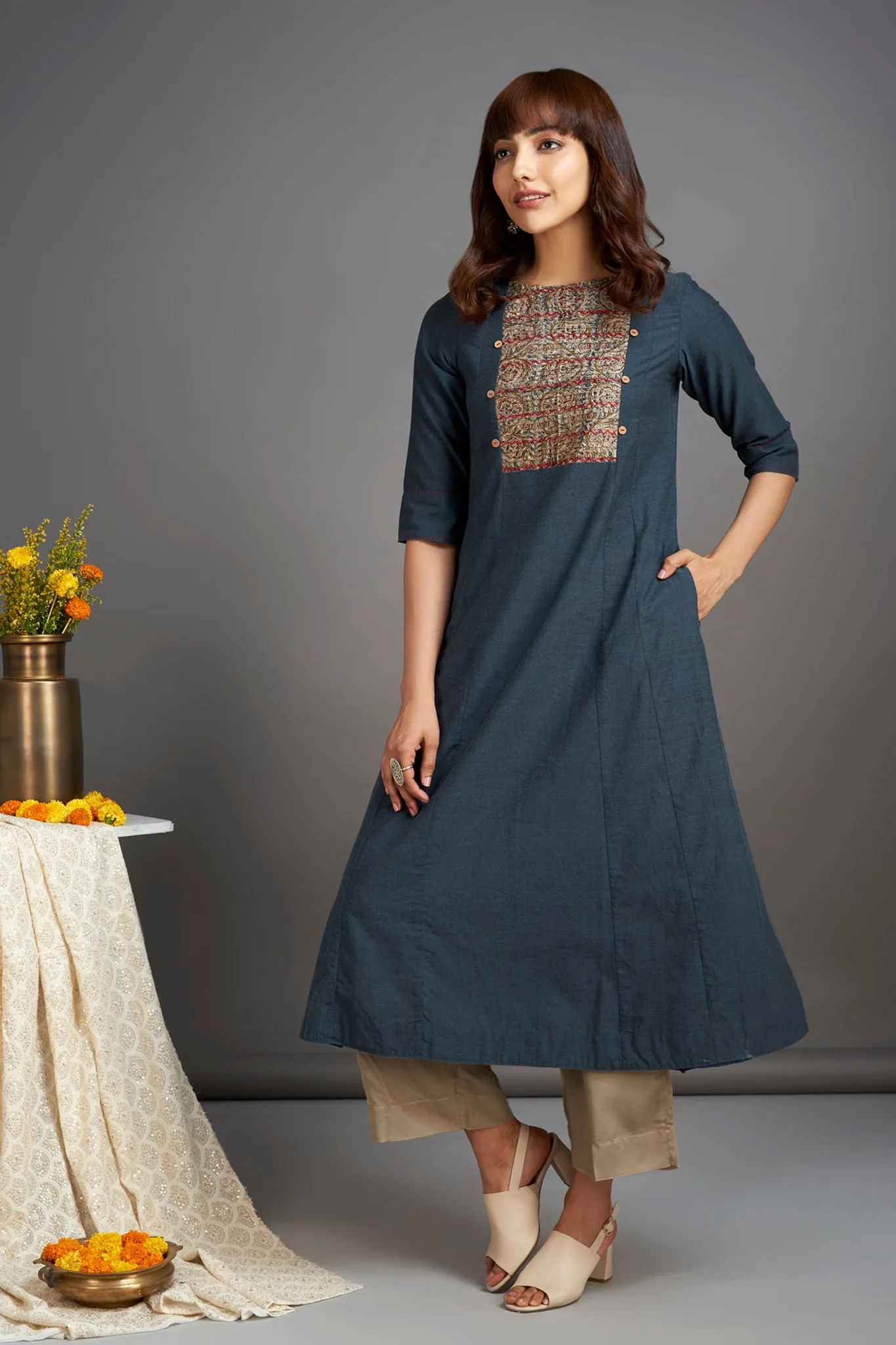hand embroidered pintuck yoke kurta - hidden sapphire & silver shores
