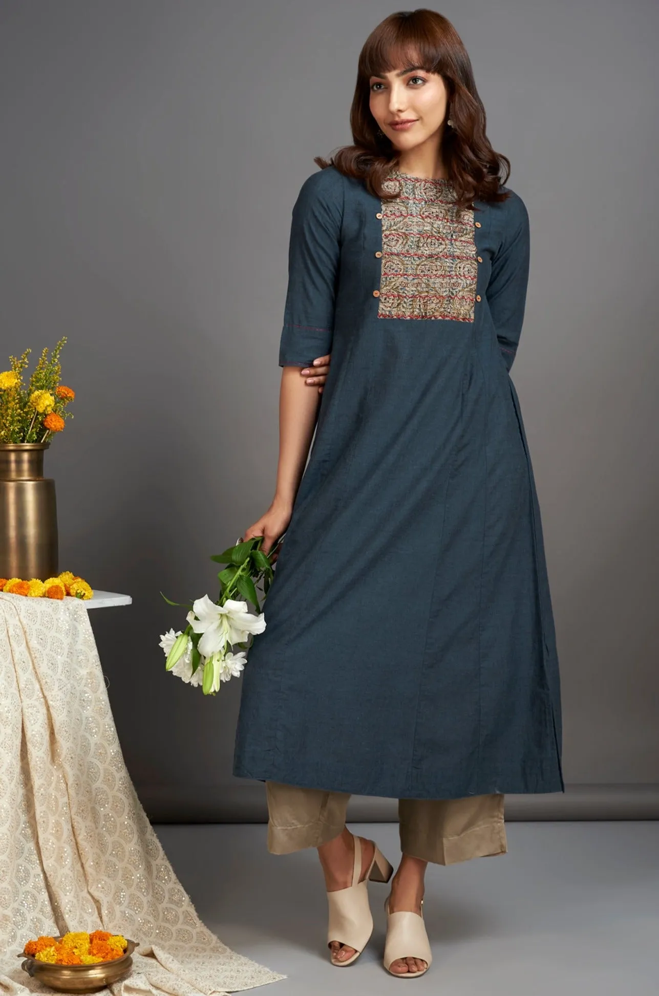 hand embroidered pintuck yoke kurta - hidden sapphire & silver shores