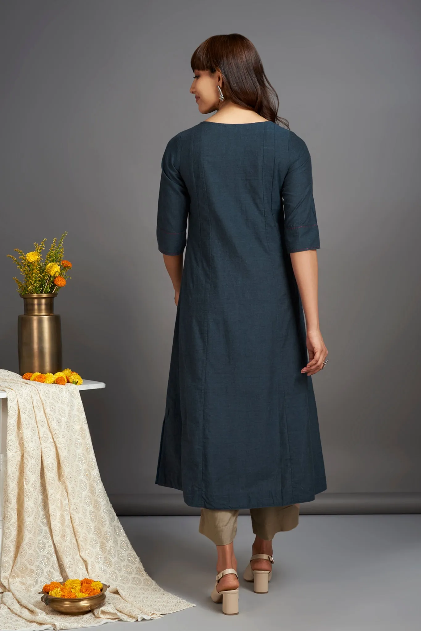 hand embroidered pintuck yoke kurta - hidden sapphire & silver shores
