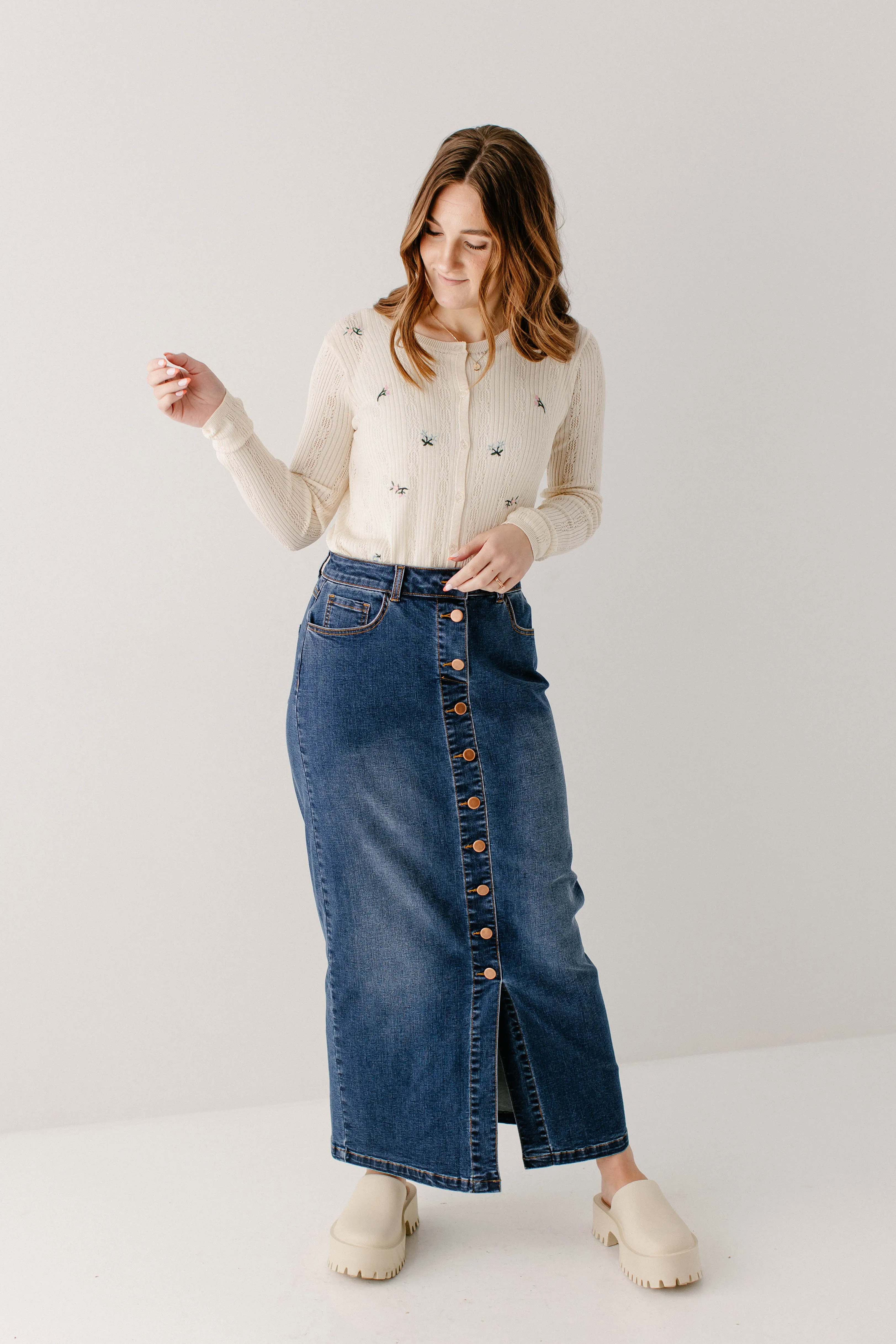 'Leanne' Button Down Denim Maxi Skirt in Dark Wash