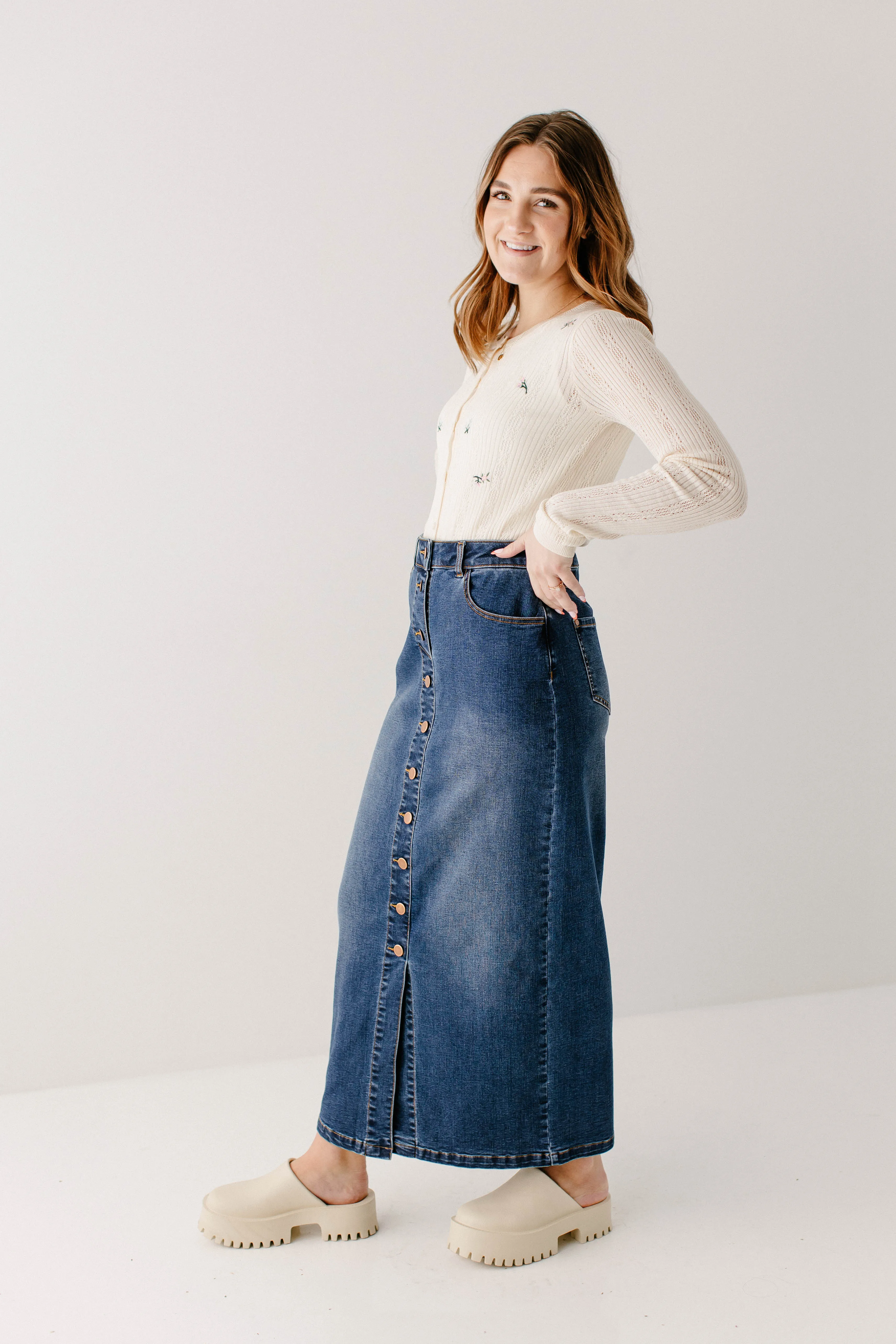 'Leanne' Button Down Denim Maxi Skirt in Dark Wash