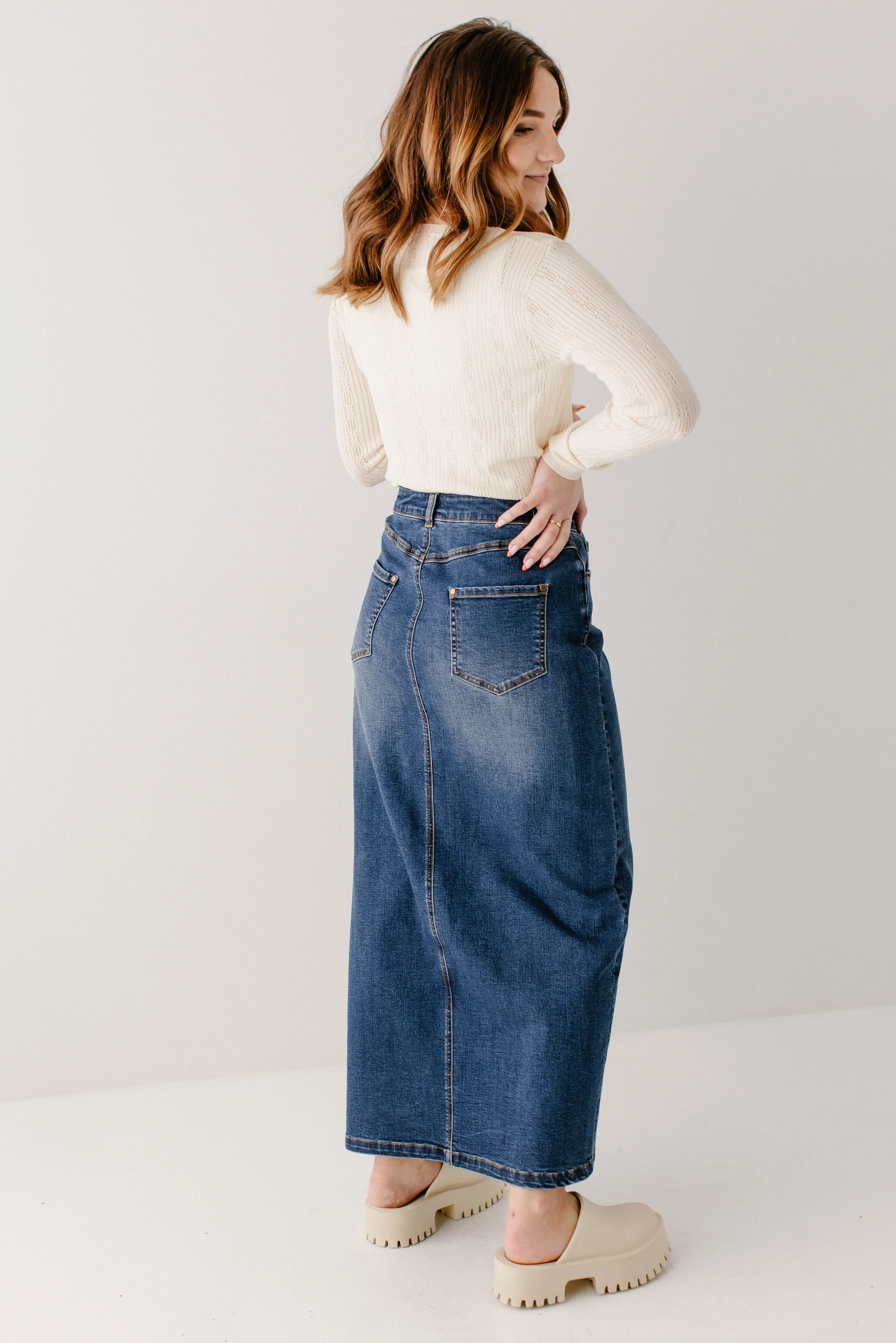 'Leanne' Button Down Denim Maxi Skirt in Dark Wash