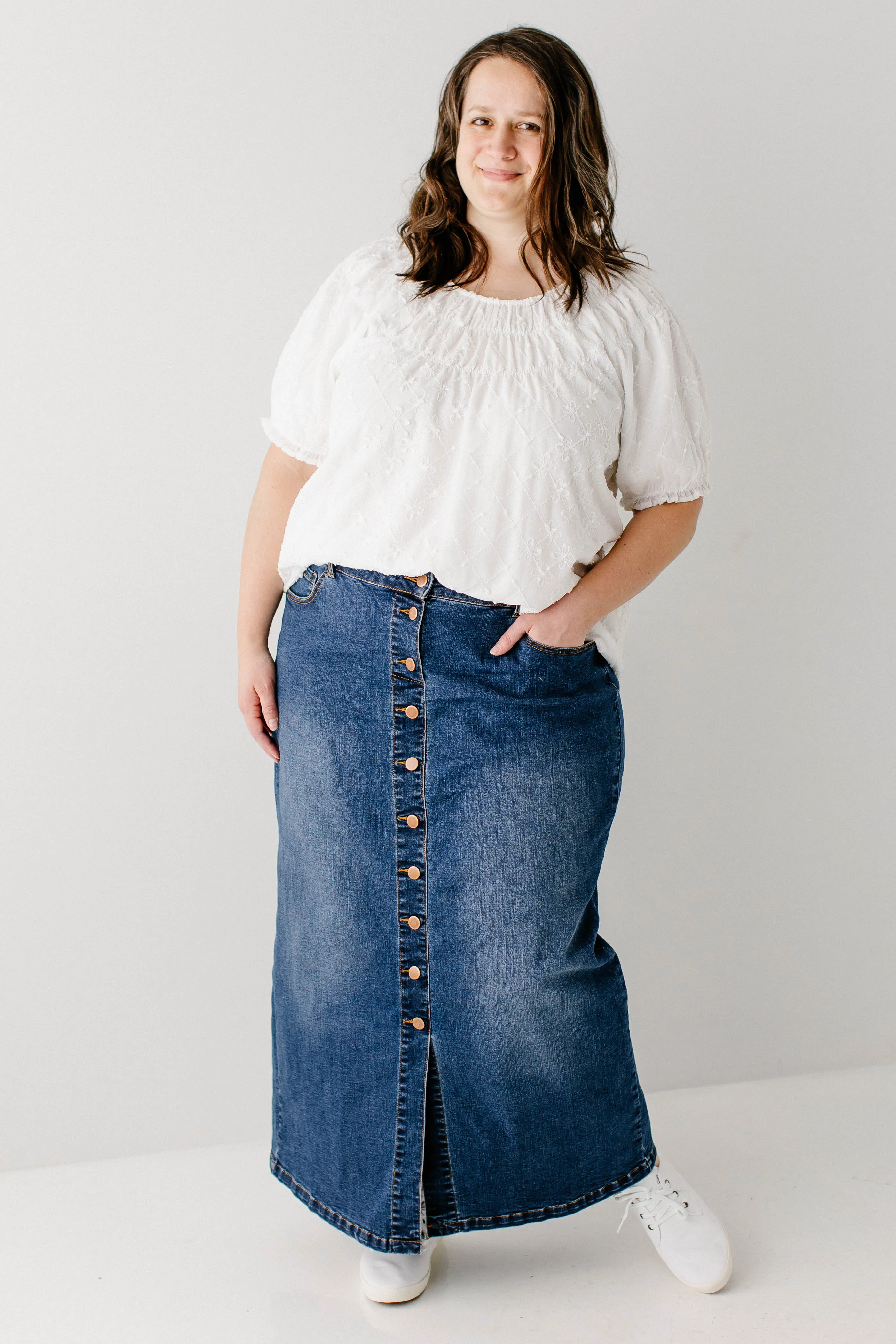 'Leanne' Button Down Denim Maxi Skirt in Dark Wash
