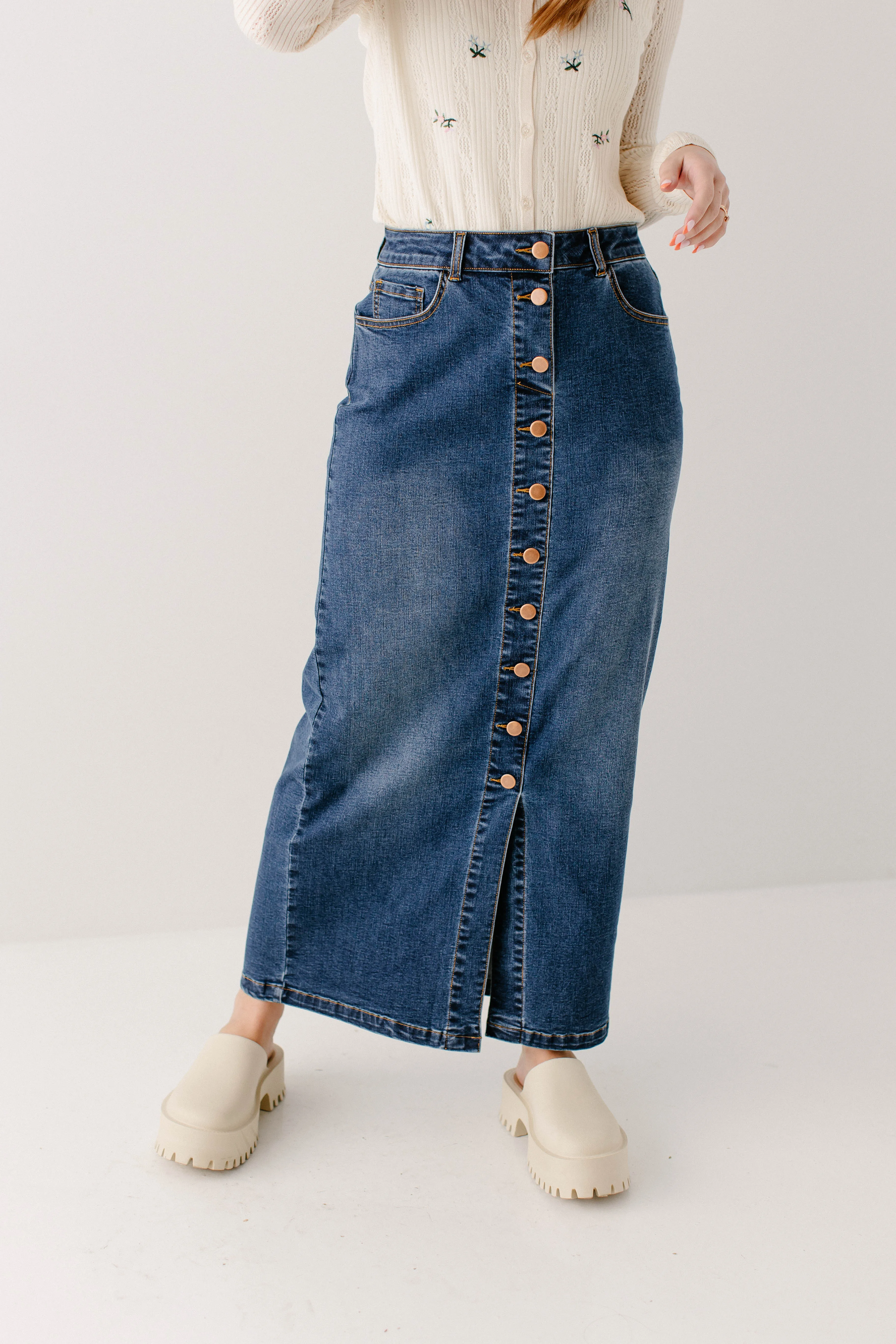 'Leanne' Button Down Denim Maxi Skirt in Dark Wash
