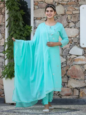 Light Blue Cotton Mirror Embellished & Embroidered Suit Set with Dupatta