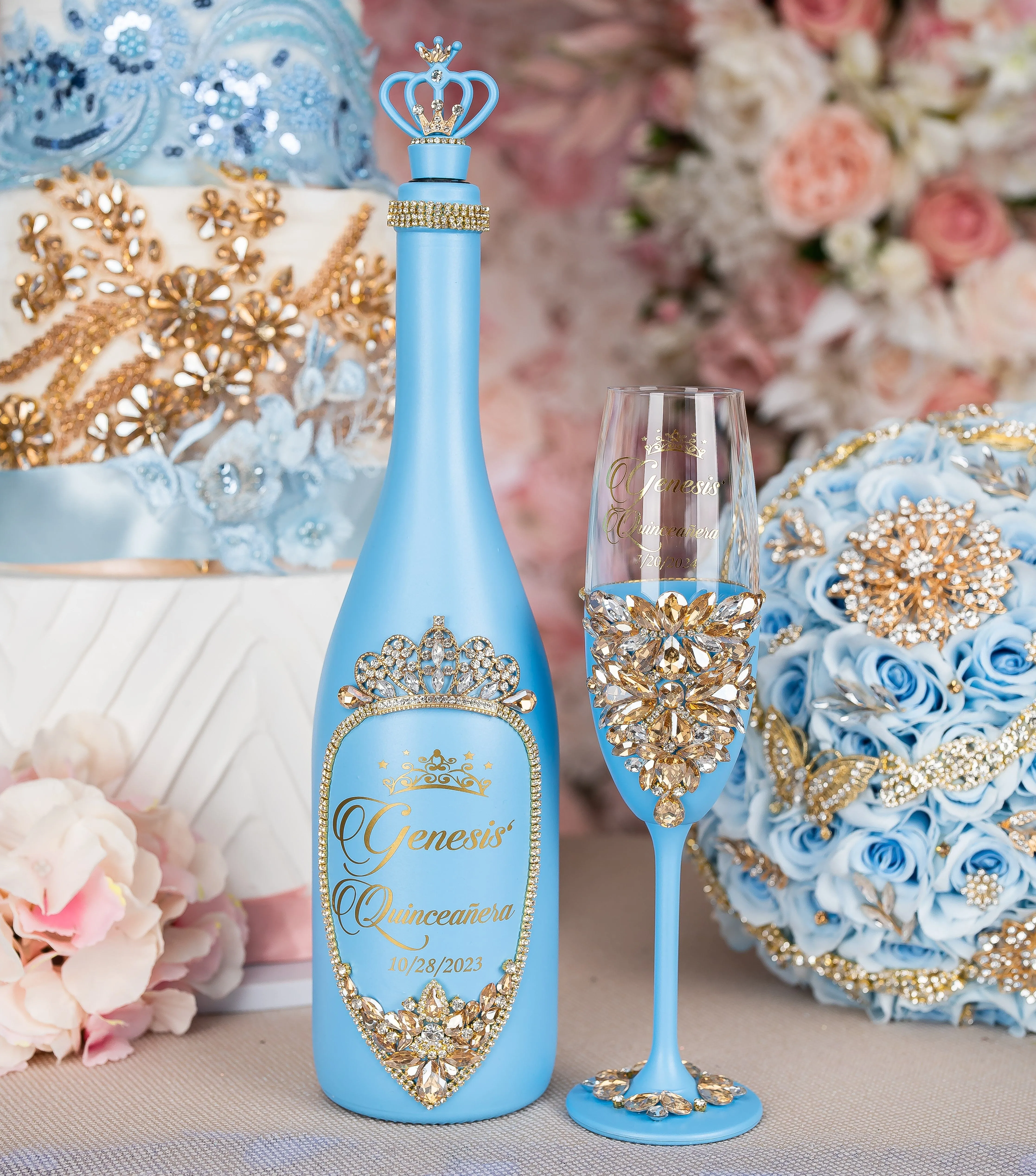 Light Blue Gold quinceanera brindis package with bottle and candle