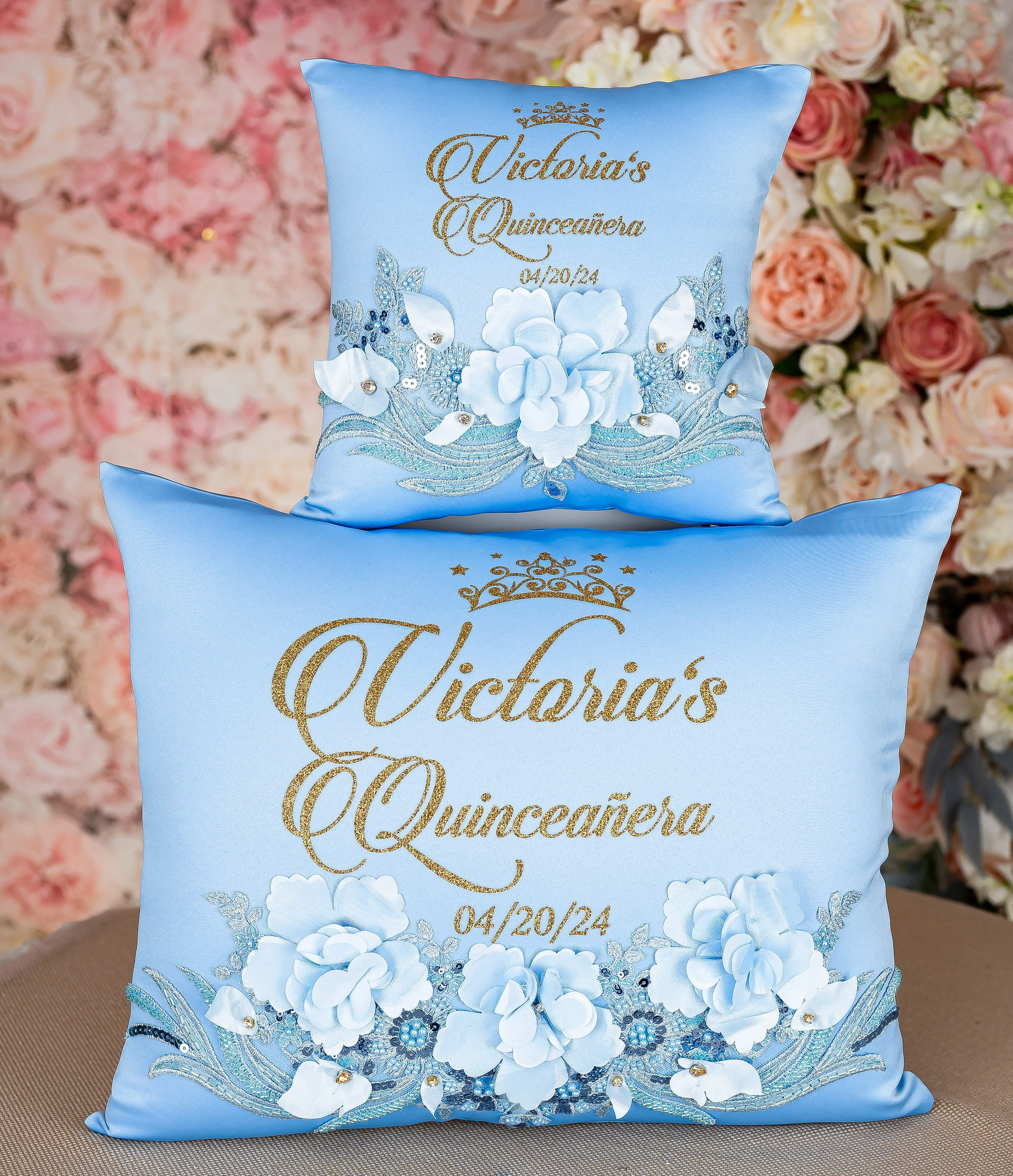 Light Blue Gold quinceanera brindis package with bottle and candle