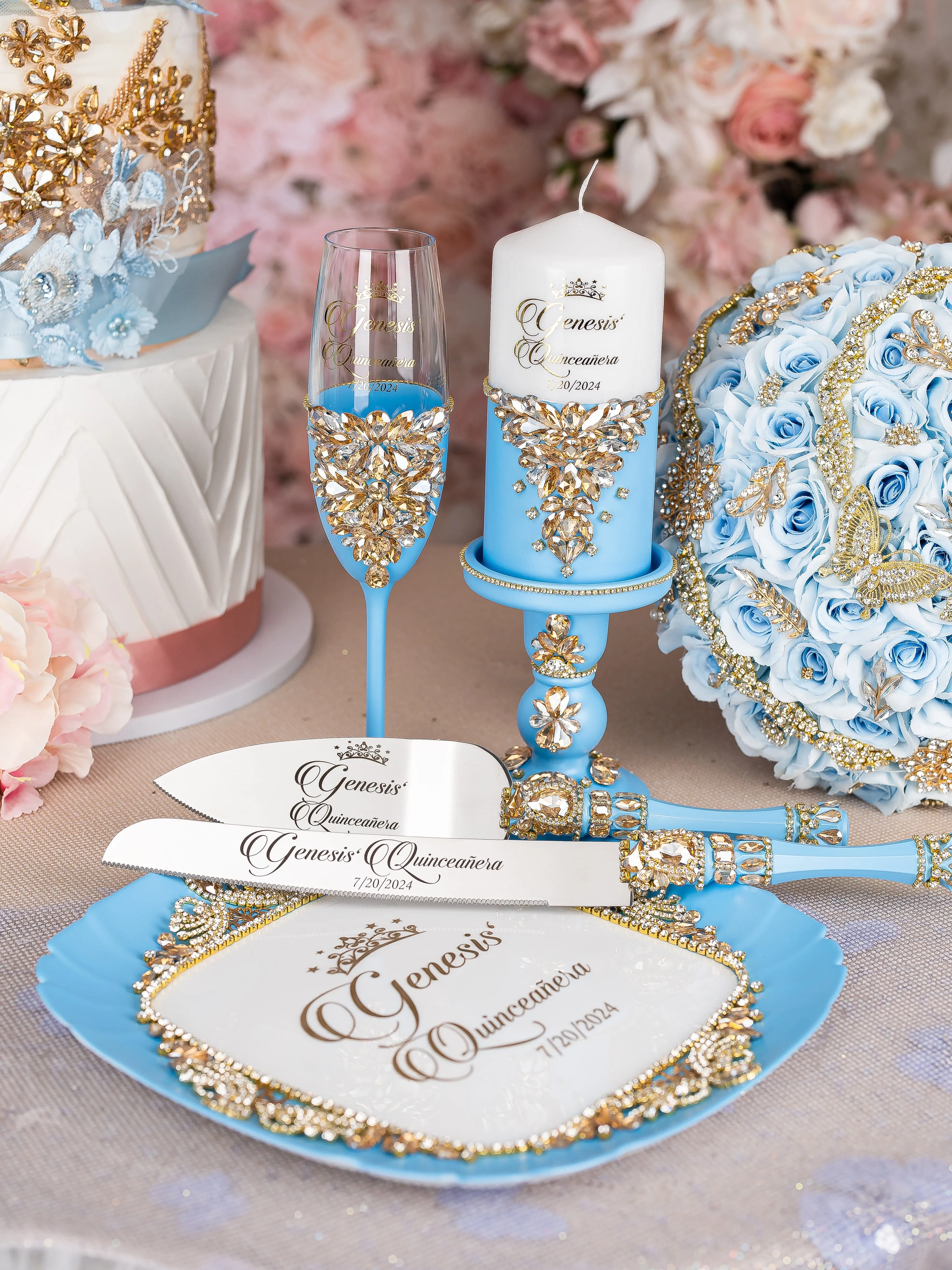 Light Blue Gold quinceanera brindis package with bottle and candle