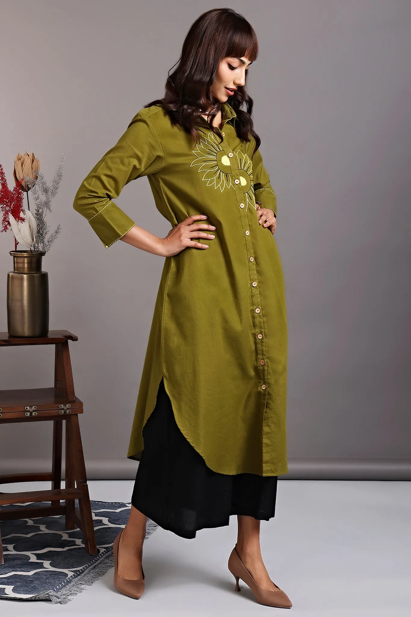 long shirt dress - midsummer sunflower & seaweed green