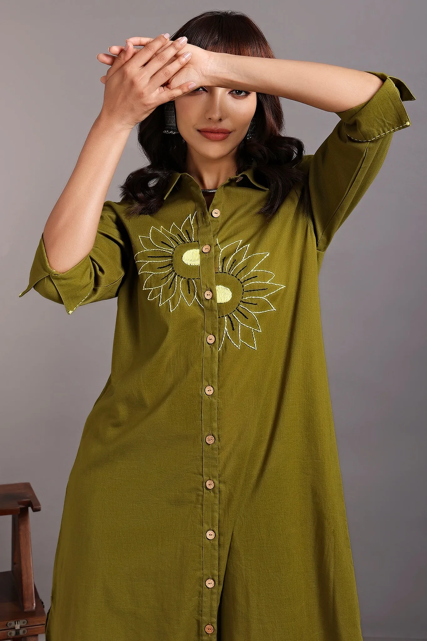 long shirt dress - midsummer sunflower & seaweed green