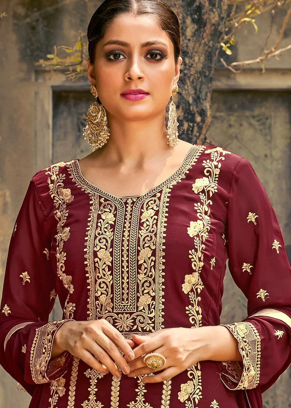 Maroon Designer Georgette Palazzo Suit
