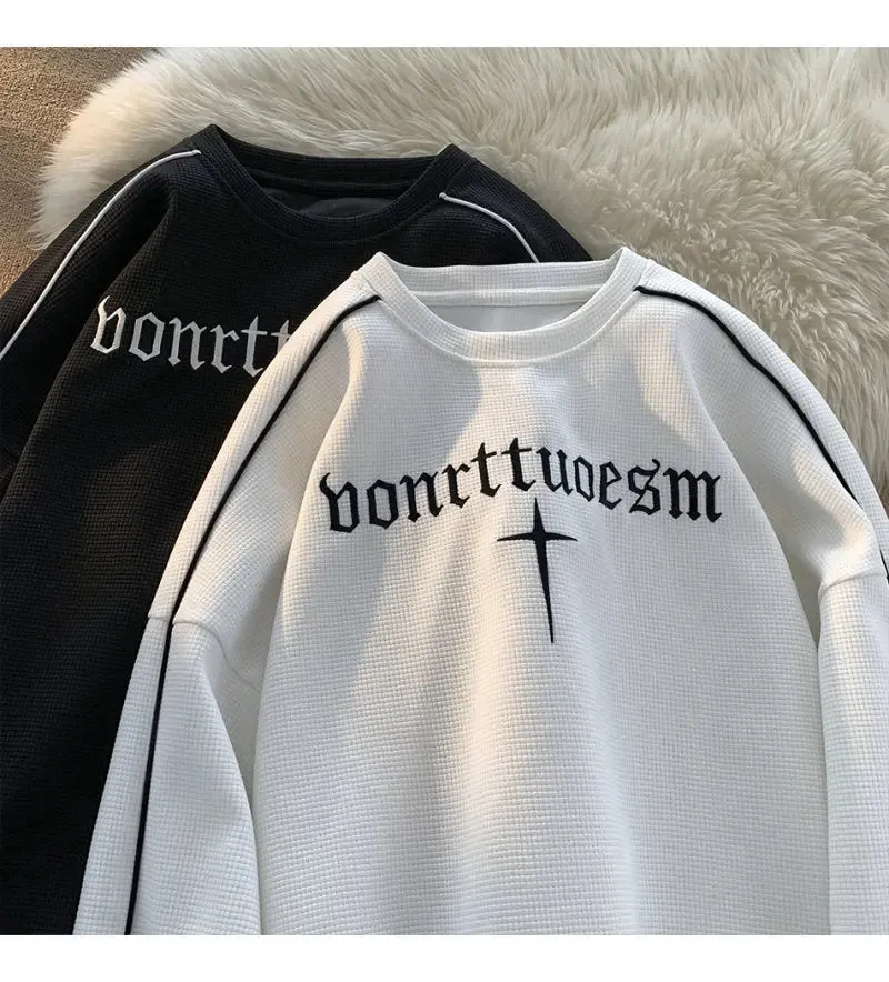 Men's Waffle Embroidery Loose Long Sleeve Sweatshirt